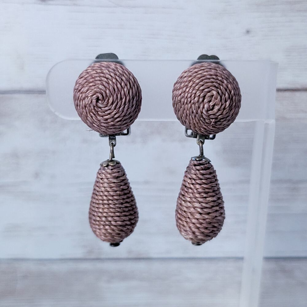 Vintage Clip On Earrings Wrapped Cord Brown Dangle
